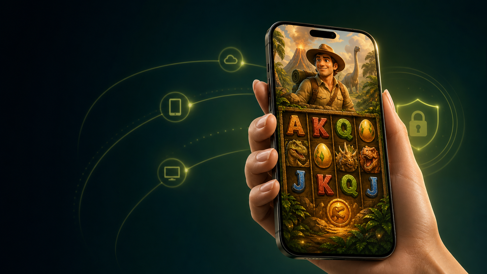 手機呈現遊戲內容與安全連線節點的 APP 串接服務視覺